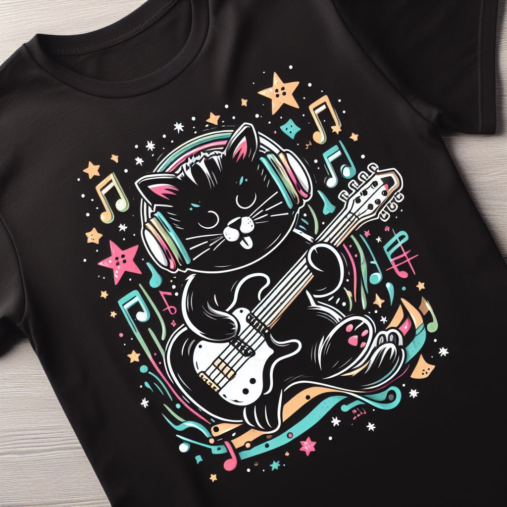 Black t-shirt with a stamp of a cat playing guitar.