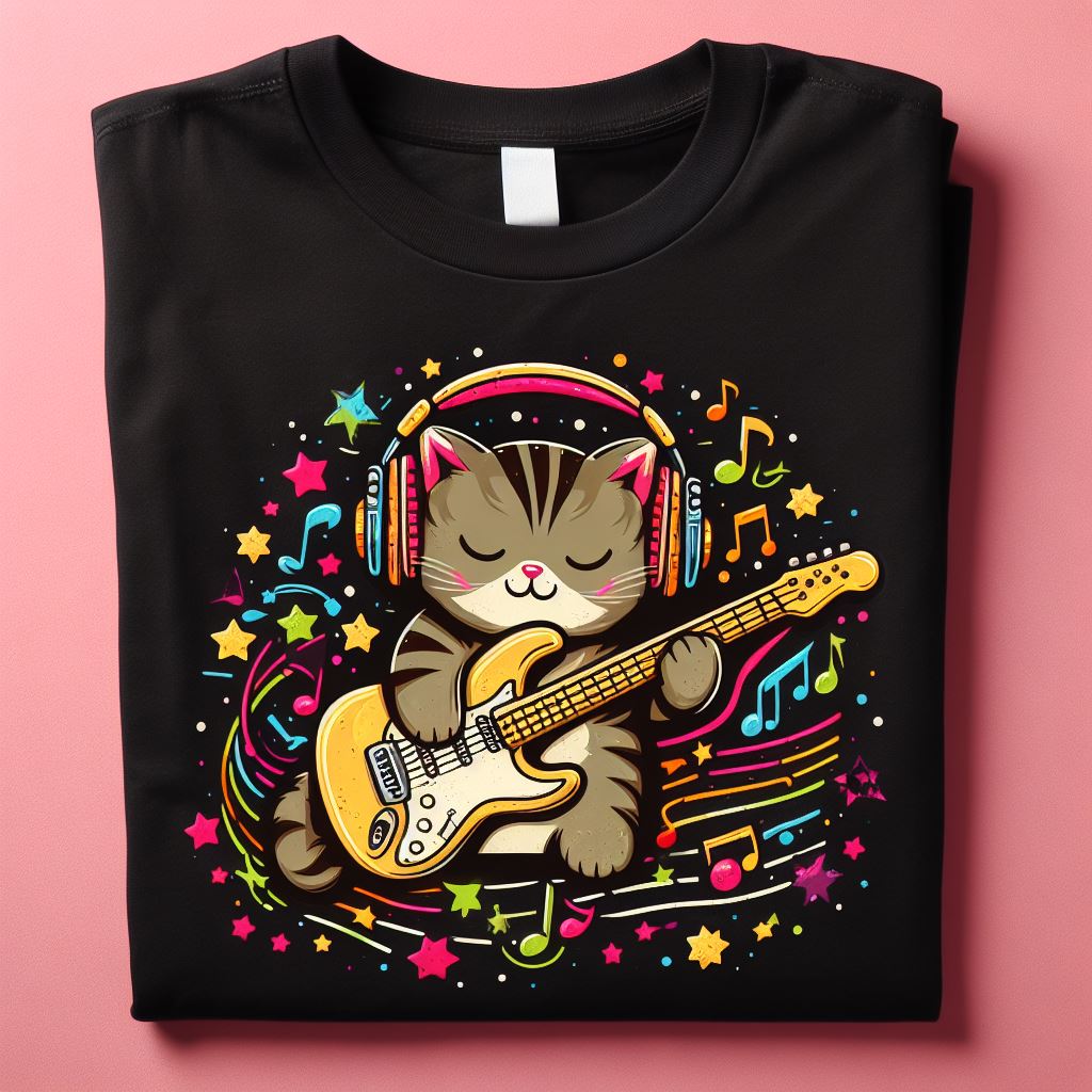 Black t-shirt with a stamp of a happy cat playing guitar.