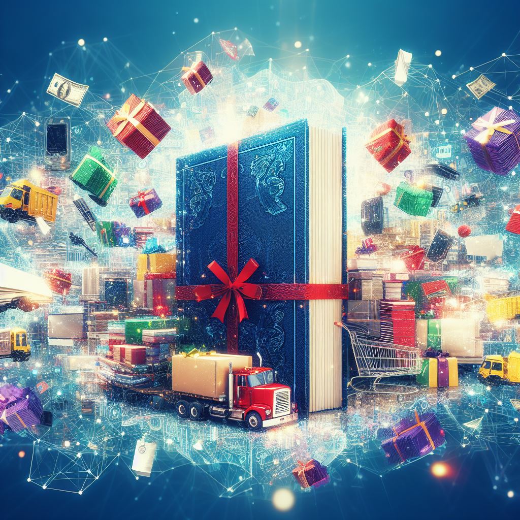 A bunch of gift packages, including a huge blue one on center, next to a small truck toy.